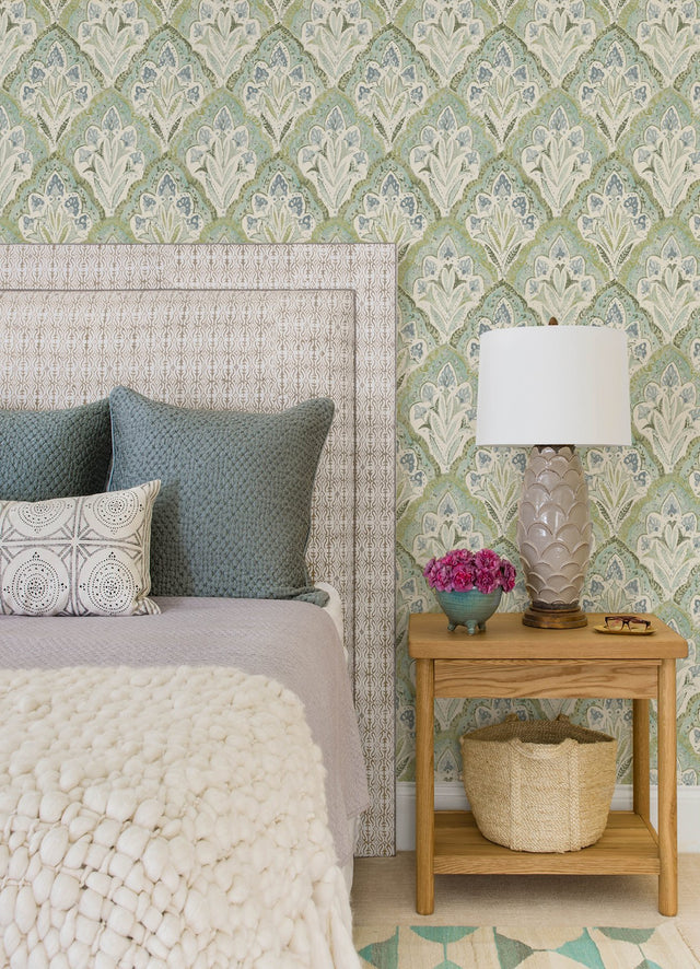 Mimir Aquamarine Quilted Damask Wallpaper with Botanical Farmhouse Style - Chesapeake 3125-72341