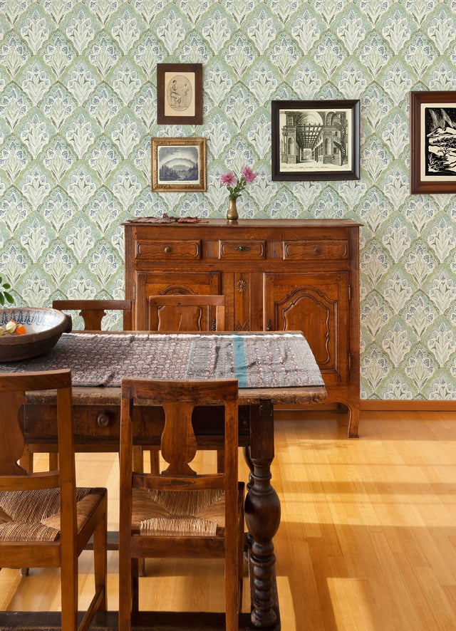 Mimir Aquamarine Quilted Damask Wallpaper with Botanical Farmhouse Style - Chesapeake 3125-72341