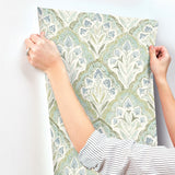 Mimir Aquamarine Quilted Damask Wallpaper with Botanical Farmhouse Style - Chesapeake 3125-72341