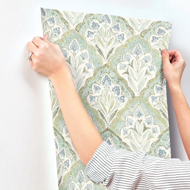 Mimir Aquamarine Quilted Damask Wallpaper with Botanical Farmhouse Style - Chesapeake 3125-72341