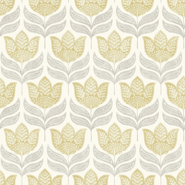 Cathal Mustard Tulip Block Print Wallpaper with Botanical Scandinavian Motif - Chesapeake 3125-72342