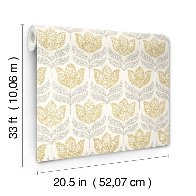 Cathal Mustard Tulip Block Print Wallpaper with Botanical Scandinavian Motif - Chesapeake 3125-72342