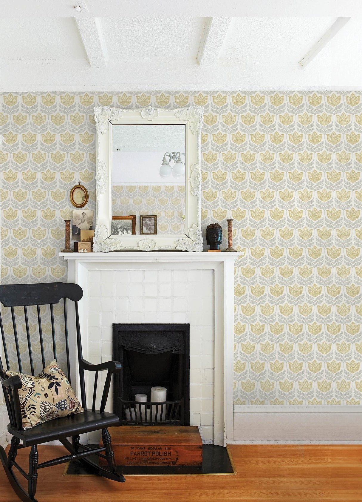 Cathal Mustard Tulip Block Print Wallpaper with Botanical Scandinavian Motif - Chesapeake 3125-72342