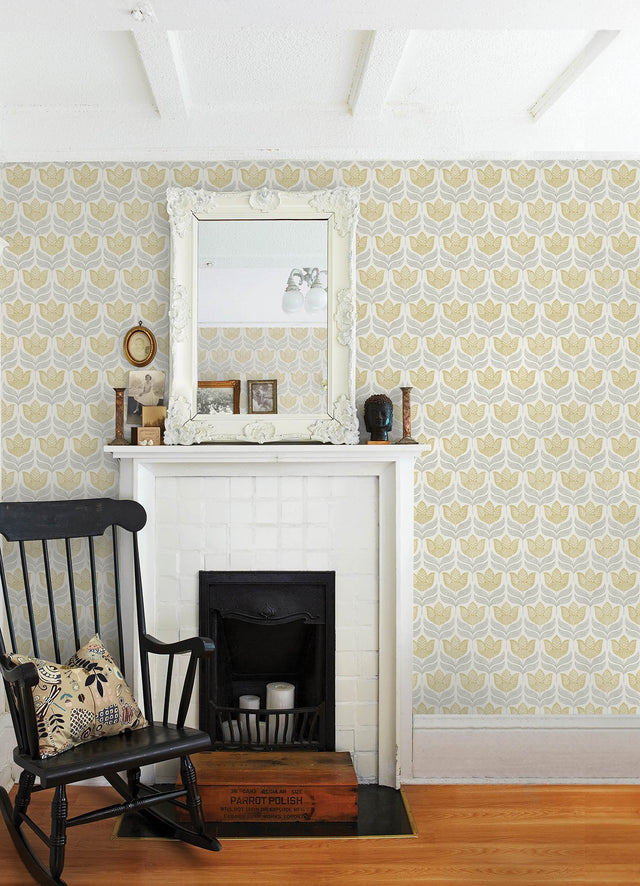 Cathal Mustard Tulip Block Print Wallpaper with Botanical Scandinavian Motif - Chesapeake 3125-72342