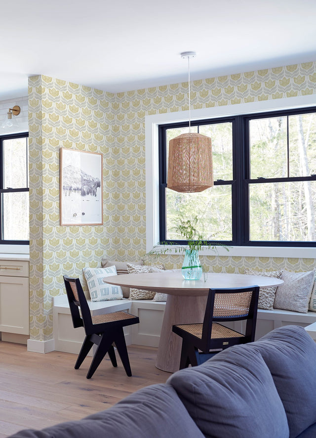 Cathal Mustard Tulip Block Print Wallpaper with Botanical Scandinavian Motif - Chesapeake 3125-72342