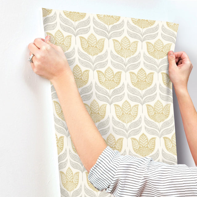 Cathal Mustard Tulip Block Print Wallpaper with Botanical Scandinavian Motif - Chesapeake 3125-72342