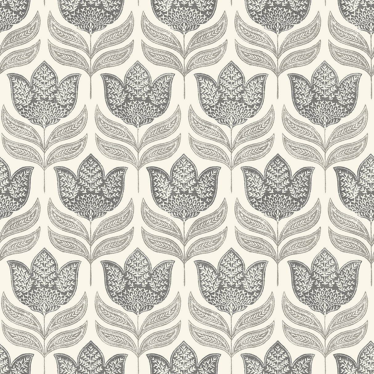 Cathal Charcoal Tulip Block Print Wallpaper with Scandinavian Botanical Floral Pattern - Chesapeake 3125-72343