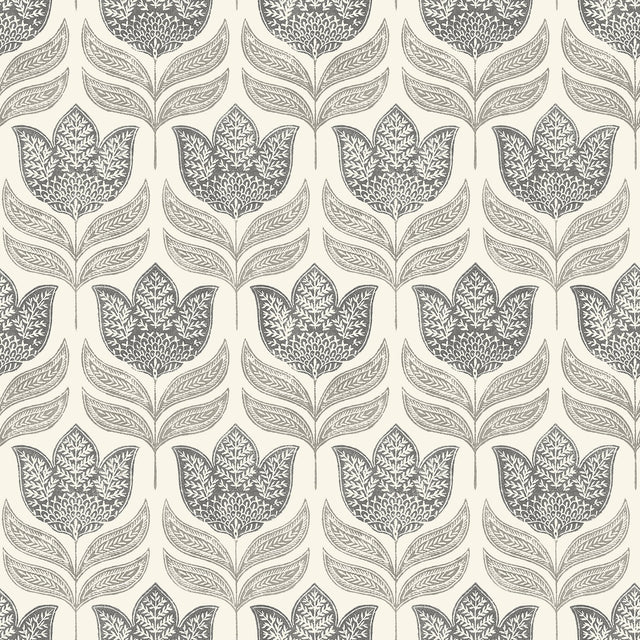 Cathal Charcoal Tulip Block Print Wallpaper with Scandinavian Botanical Floral Pattern - Chesapeake 3125-72343