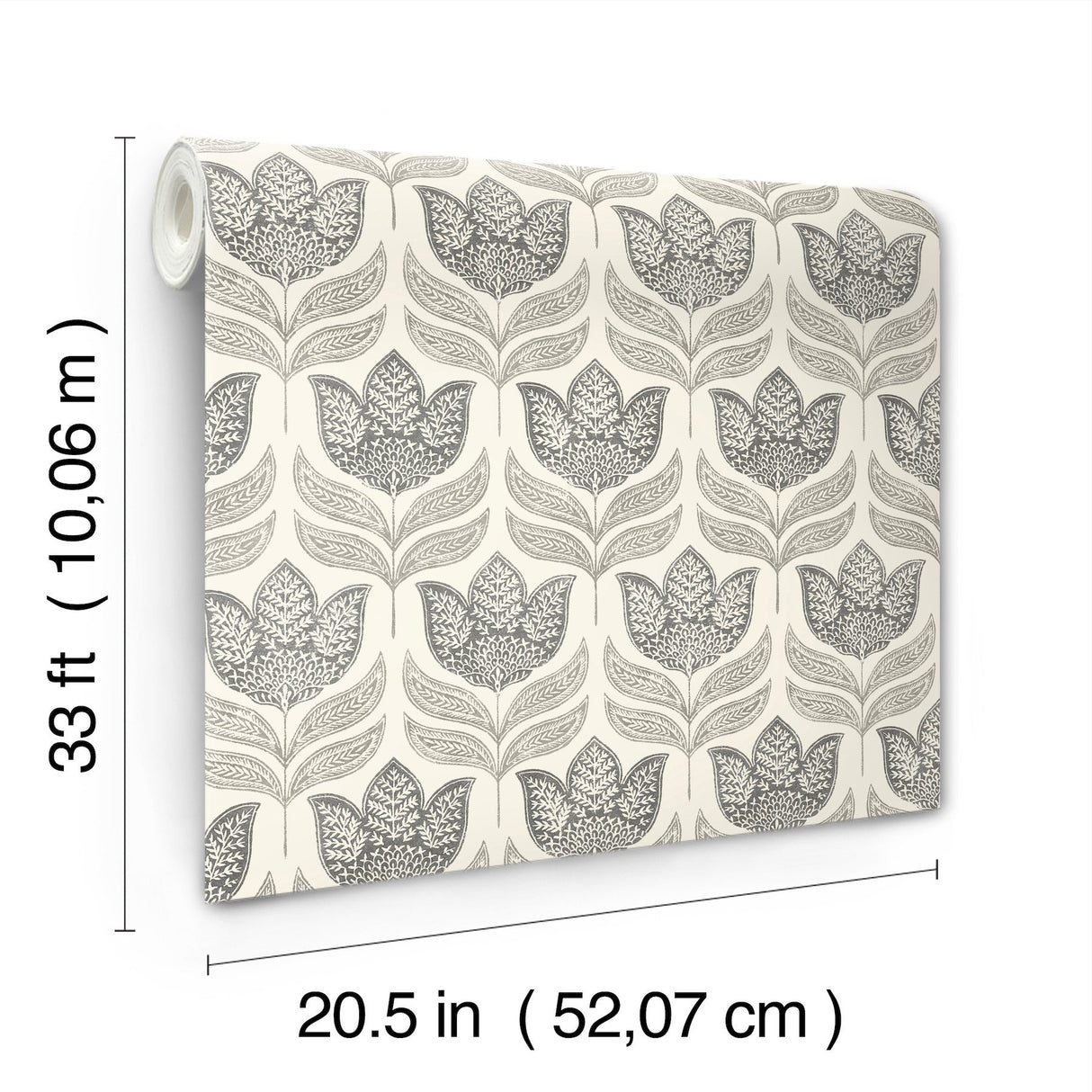 Cathal Charcoal Tulip Block Print Wallpaper with Scandinavian Botanical Floral Pattern - Chesapeake 3125-72343