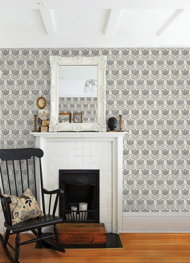 Cathal Charcoal Tulip Block Print Wallpaper with Scandinavian Botanical Floral Pattern - Chesapeake 3125-72343
