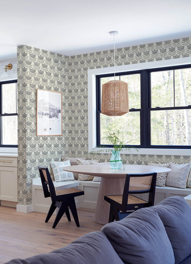 Cathal Charcoal Tulip Block Print Wallpaper with Scandinavian Botanical Floral Pattern - Chesapeake 3125-72343