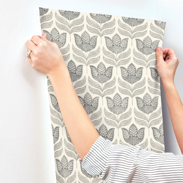 Cathal Charcoal Tulip Block Print Wallpaper with Scandinavian Botanical Floral Pattern - Chesapeake 3125-72343