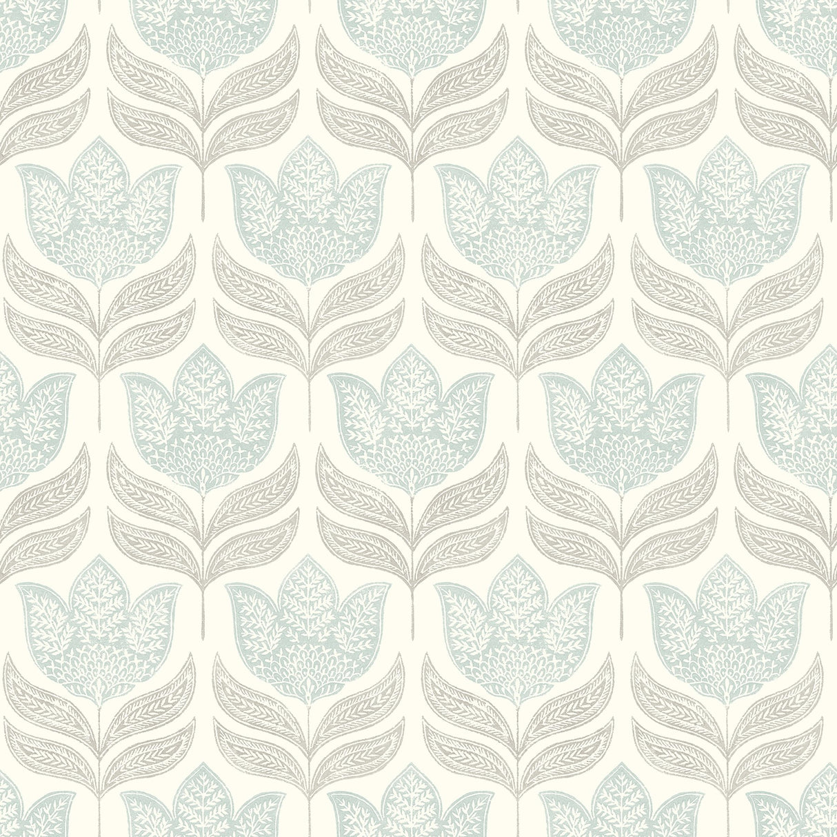 Cathal Aqua Tulip Block Print Wallpaper with Botanical Floral Motif - Chesapeake 3125-72344