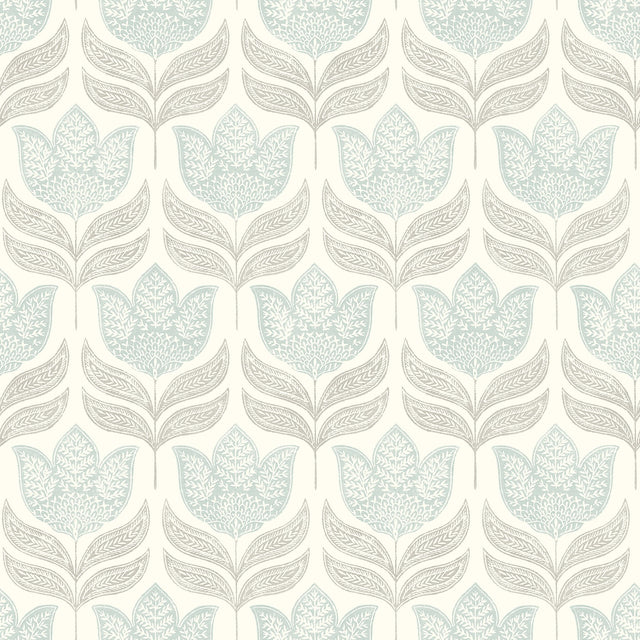 Cathal Aqua Tulip Block Print Wallpaper with Botanical Floral Motif - Chesapeake 3125-72344