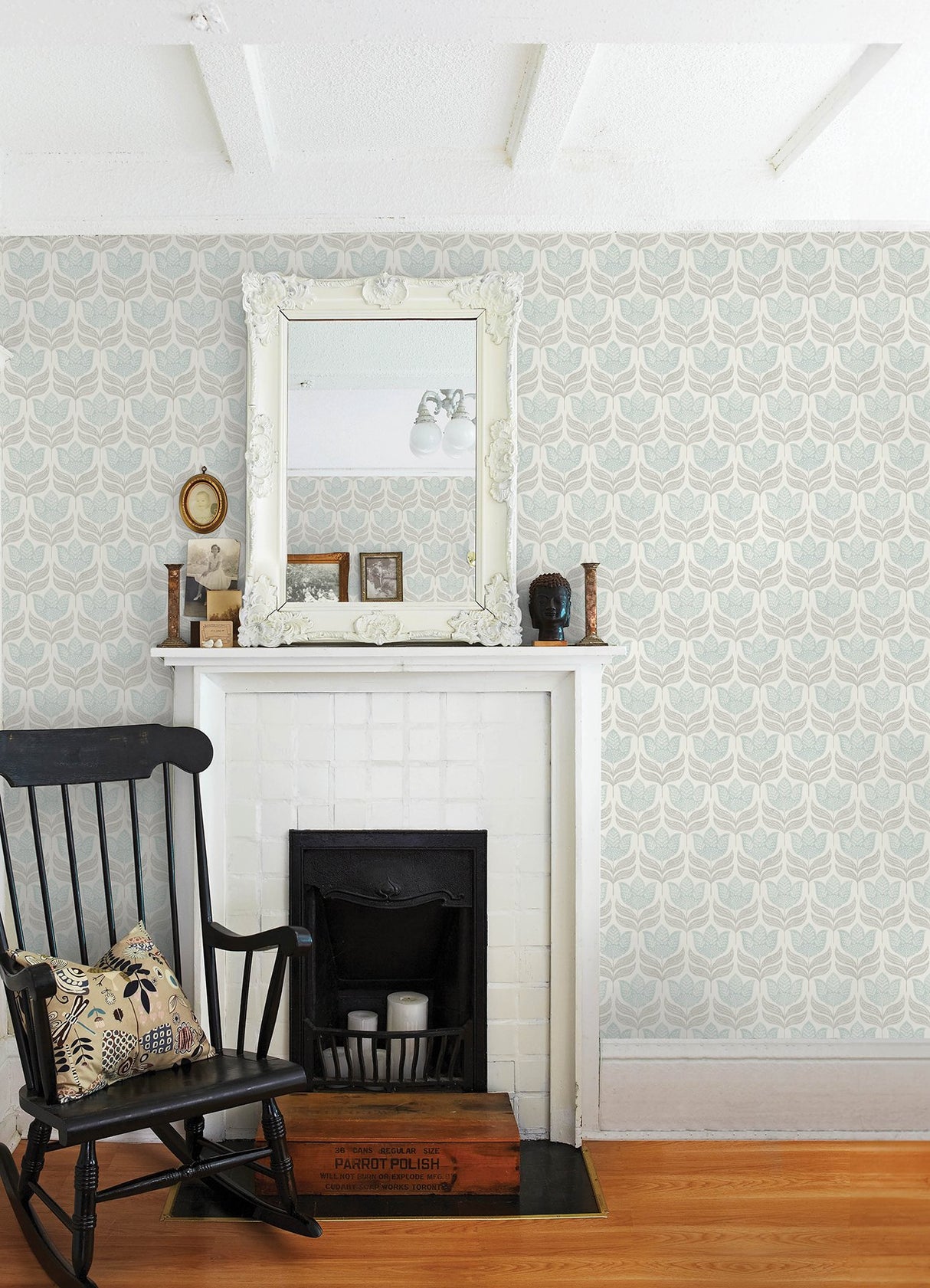 Cathal Aqua Tulip Block Print Wallpaper with Botanical Floral Motif - Chesapeake 3125-72344