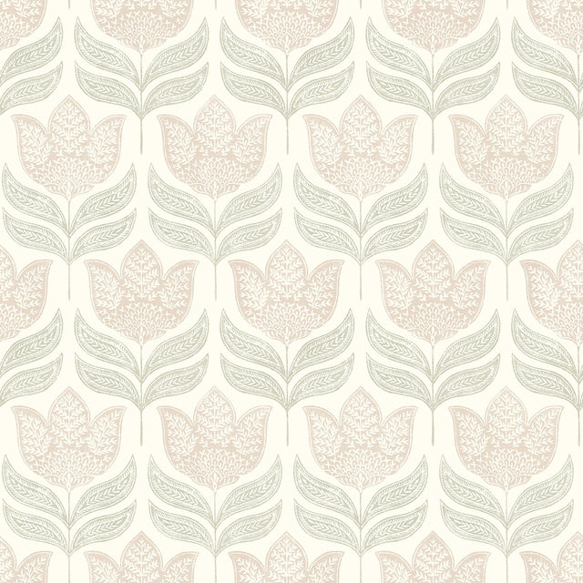 Cathal Blush Tulip Block Print Wallpaper with Botanical Tulip Motif - Chesapeake 3125-72346
