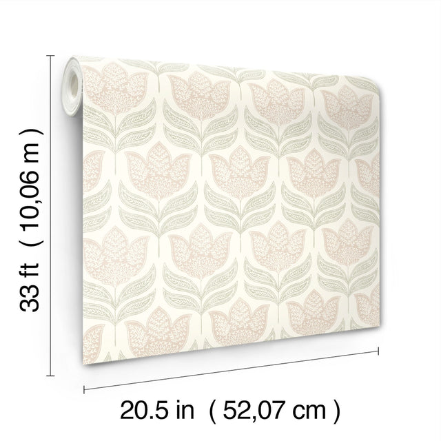 Cathal Blush Tulip Block Print Wallpaper with Botanical Tulip Motif - Chesapeake 3125-72346