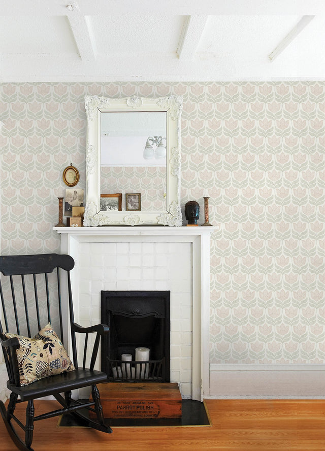 Cathal Blush Tulip Block Print Wallpaper with Botanical Tulip Motif - Chesapeake 3125-72346
