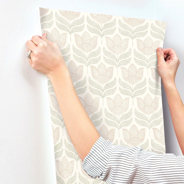 Cathal Blush Tulip Block Print Wallpaper with Botanical Tulip Motif - Chesapeake 3125-72346