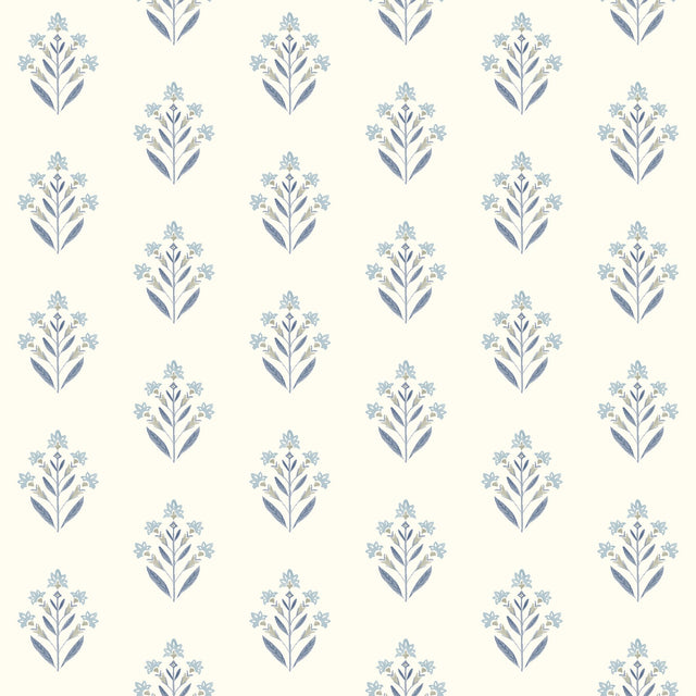 Kova Blue Floral Crest Wallpaper with Botanical Farmhouse Style - Chesapeake 3125-72347