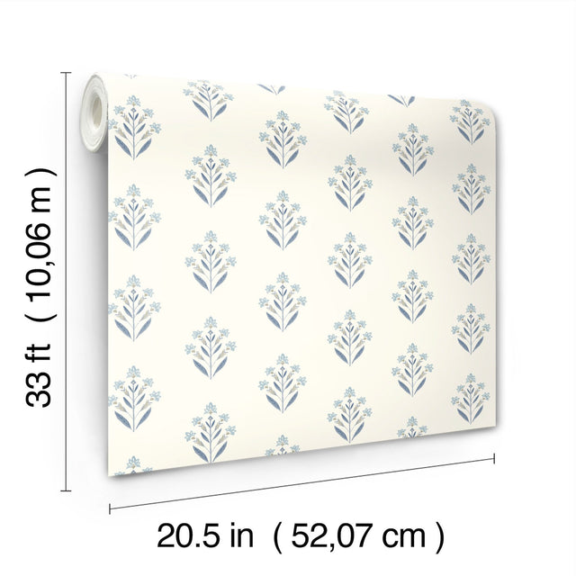 Kova Blue Floral Crest Wallpaper with Botanical Farmhouse Style - Chesapeake 3125-72347
