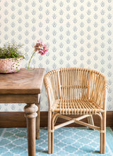 Kova Blue Floral Crest Wallpaper with Botanical Farmhouse Style - Chesapeake 3125-72347