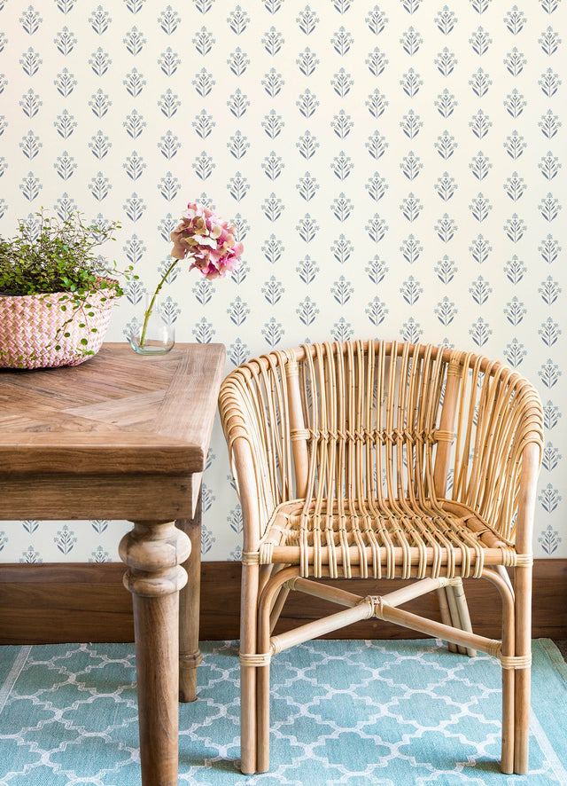 Kova Blue Floral Crest Wallpaper with Botanical Farmhouse Style - Chesapeake 3125-72347