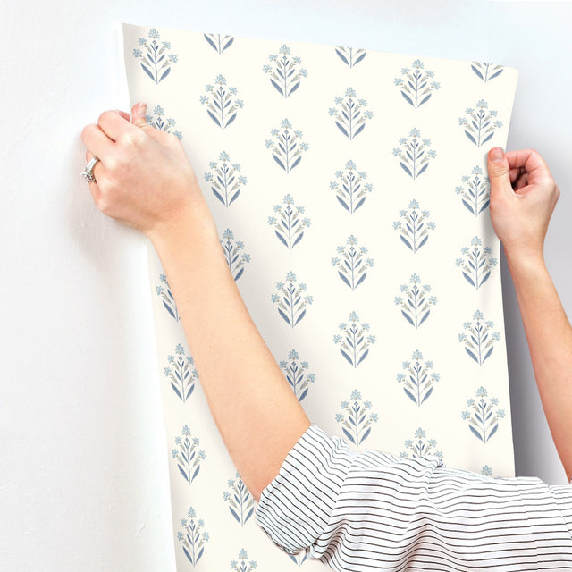 Kova Blue Floral Crest Wallpaper with Botanical Farmhouse Style - Chesapeake 3125-72347