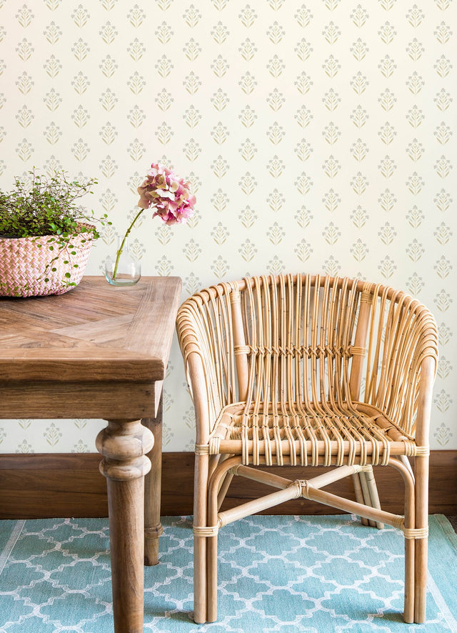 Kova Yellow Floral Crest Wallpaper with Botanical Floral Pattern, Farmhouse Style - Chesapeake 3125-72348