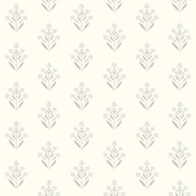 Kova Light Blue Floral Crest Wallpaper with Farmhouse Botanical Flowers Pattern - Chesapeake 3125-72350