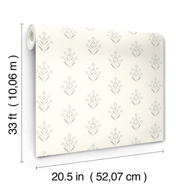 Kova Light Blue Floral Crest Wallpaper with Farmhouse Botanical Flowers Pattern - Chesapeake 3125-72350