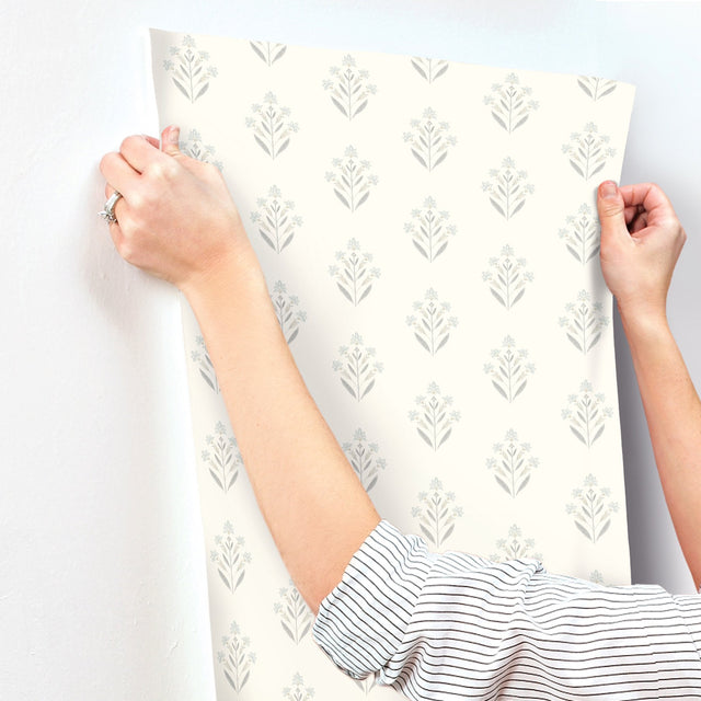 Kova Light Blue Floral Crest Wallpaper with Farmhouse Botanical Flowers Pattern - Chesapeake 3125-72350