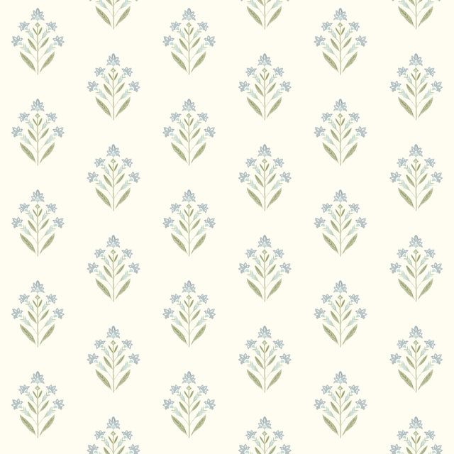 Kova Aquamarine Floral Crest Wallpaper with Farmhouse Botanical Flowers - Chesapeake 3125-72351