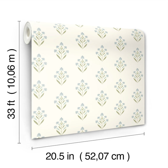 Kova Aquamarine Floral Crest Wallpaper with Farmhouse Botanical Flowers - Chesapeake 3125-72351