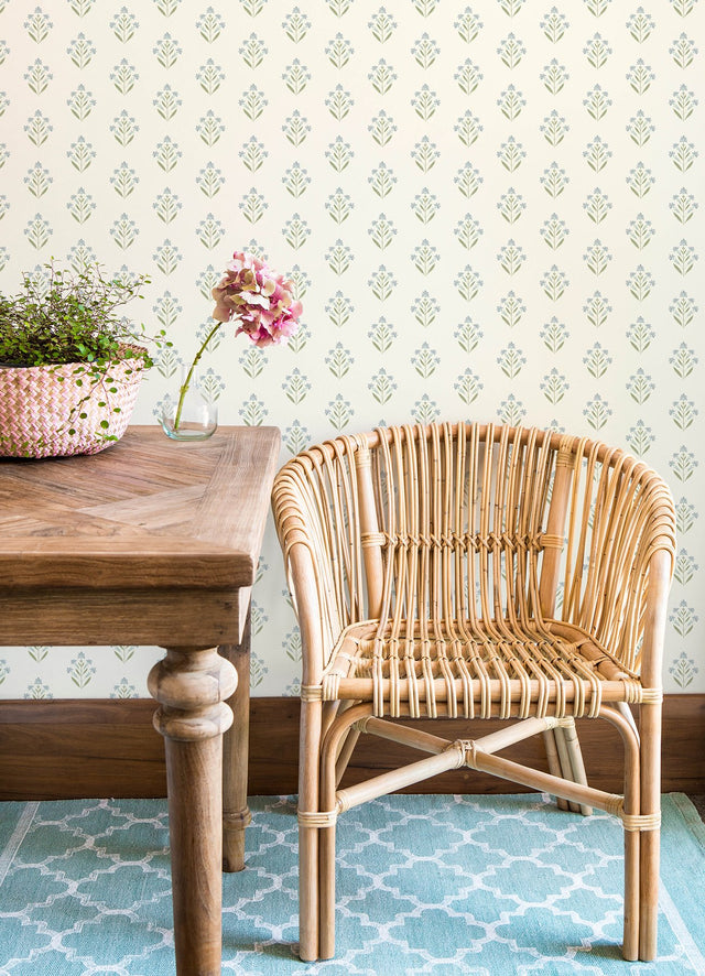 Kova Aquamarine Floral Crest Wallpaper with Farmhouse Botanical Flowers - Chesapeake 3125-72351