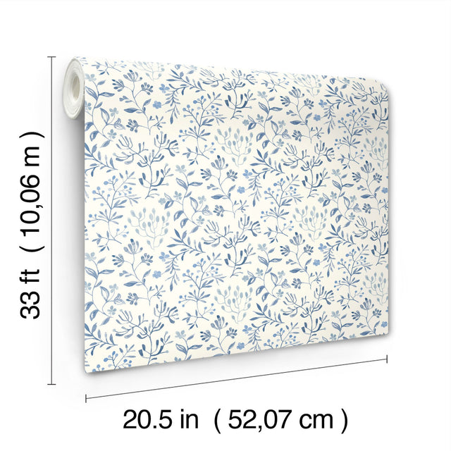 Tarragon Blue Dainty Meadow Wallpaper with Botanical Floral Pattern - Chesapeake 3125-72352
