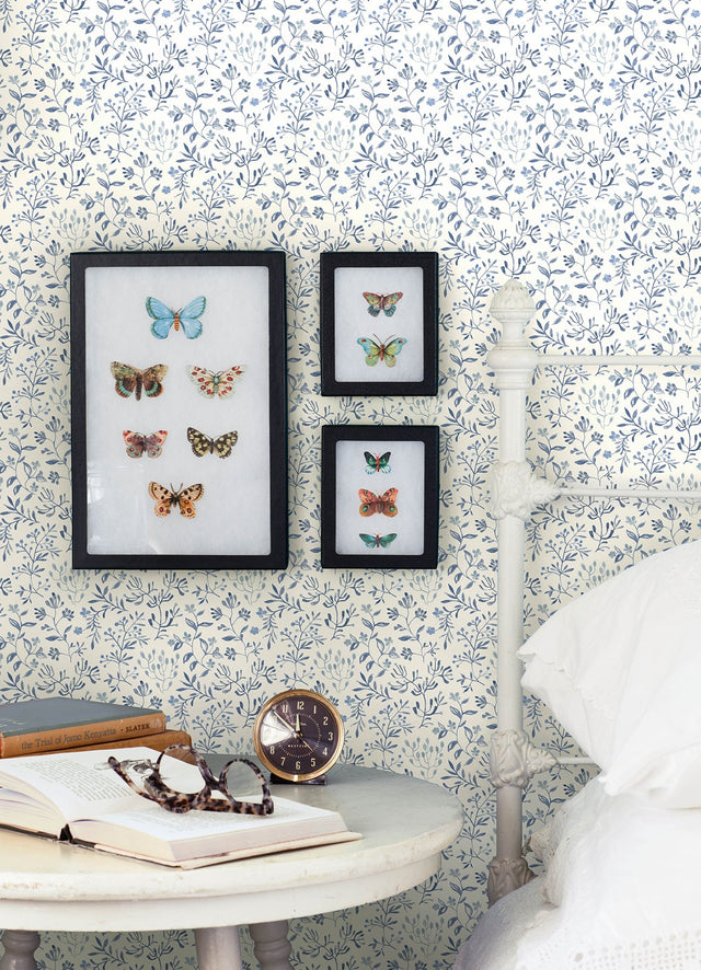 Tarragon Blue Dainty Meadow Wallpaper with Botanical Floral Pattern - Chesapeake 3125-72352