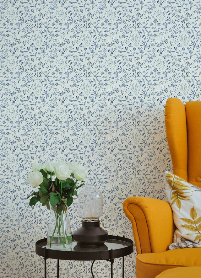 Tarragon Blue Dainty Meadow Wallpaper with Botanical Floral Pattern - Chesapeake 3125-72352