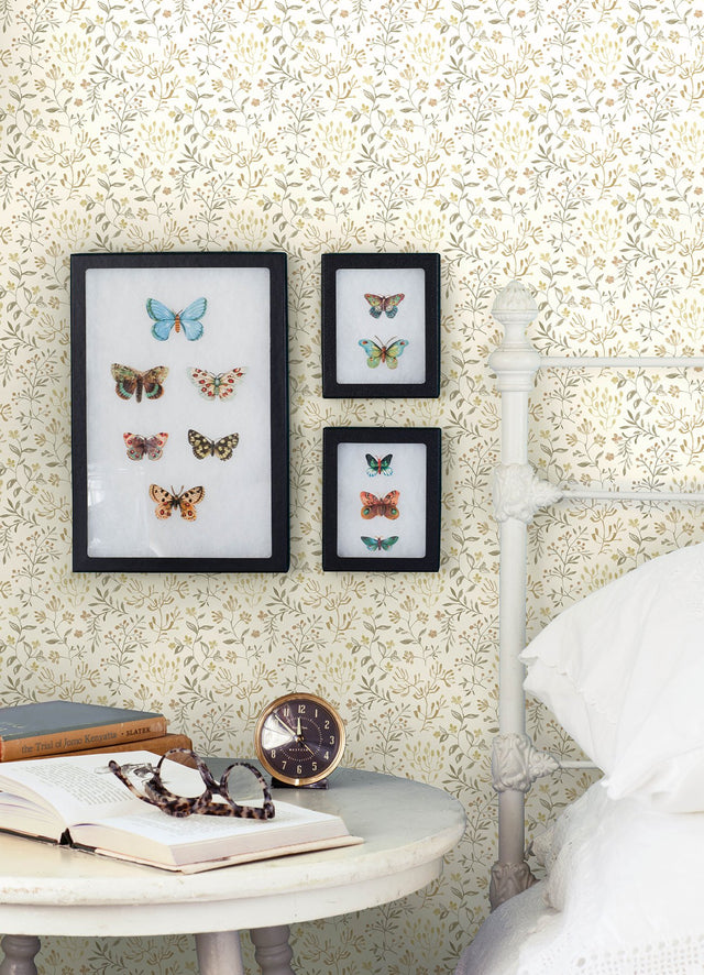 Tarragon Honey Dainty Meadow Wallpaper with Botanical Floral Motif - Chesapeake 3125-72354