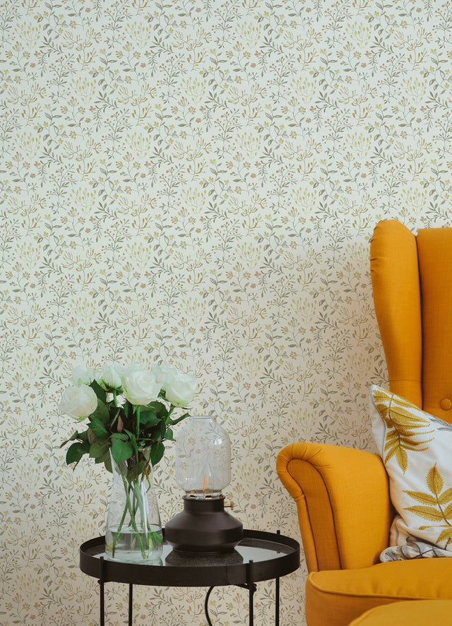 Tarragon Honey Dainty Meadow Wallpaper with Botanical Floral Motif - Chesapeake 3125-72354