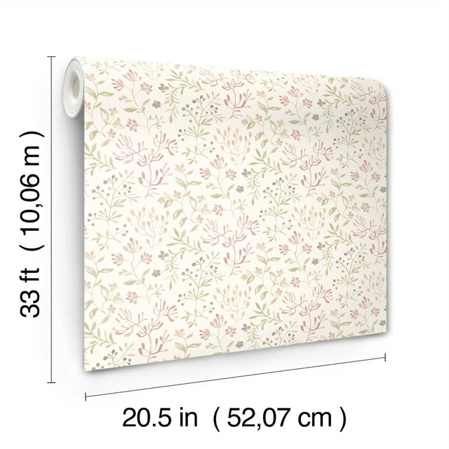Tarragon Blush Dainty Meadow Wallpaper with Farmhouse Botanical Floral Pattern - Chesapeake 3125-72355