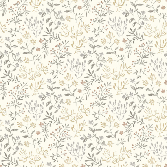 Tarragon Grey Dainty Meadow Wallpaper with Botanical Floral Pattern, Farmhouse Sure Strip - Chesapeake 3125-72356