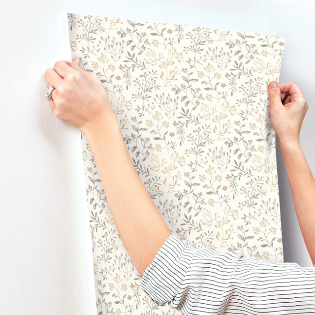 Tarragon Grey Dainty Meadow Wallpaper with Botanical Floral Pattern, Farmhouse Sure Strip - Chesapeake 3125-72356
