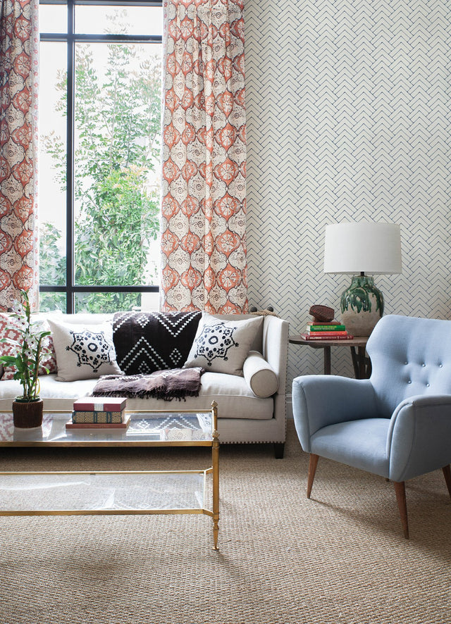 Oswin Navy Tiered Herringbone Wallpaper with Farmhouse Chevron Graphics - Chesapeake 3125-72363