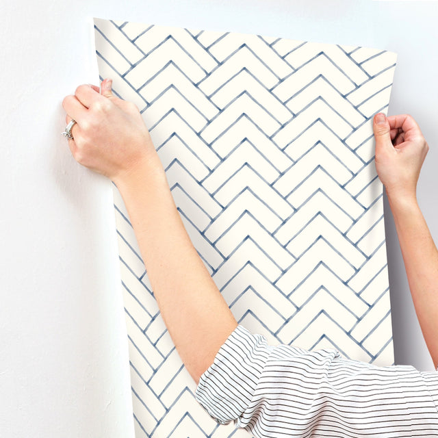 Oswin Navy Tiered Herringbone Wallpaper with Farmhouse Chevron Graphics - Chesapeake 3125-72363
