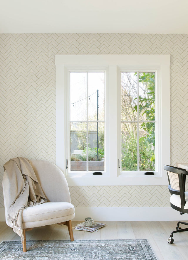 Oswin Light Yellow Tiered Herringbone Wallpaper with Chevron Graphics in Farmhouse Style - Chesapeake 3125-72365