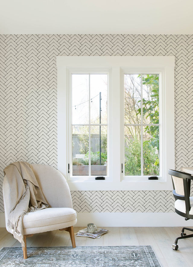 Oswin Black Tiered Herringbone Wallpaper with Chevron Graphics Pattern - Chesapeake 3125-72366