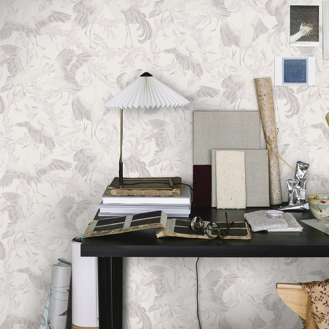Dancing Crane Grey by Boråstapeter Elegant Crane Wallpaper – Schumacher 3130