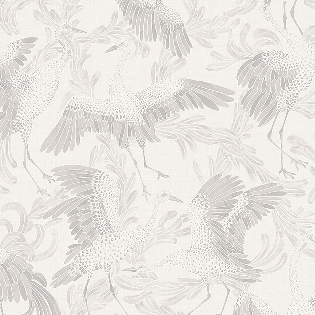 Grey Dancing Crane wallpaper by Boråstapeter for Schumacher, featuring elegant cranes in flight and foliage.