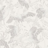 Grey Dancing Crane wallpaper by Boråstapeter for Schumacher, featuring elegant cranes in flight and foliage.